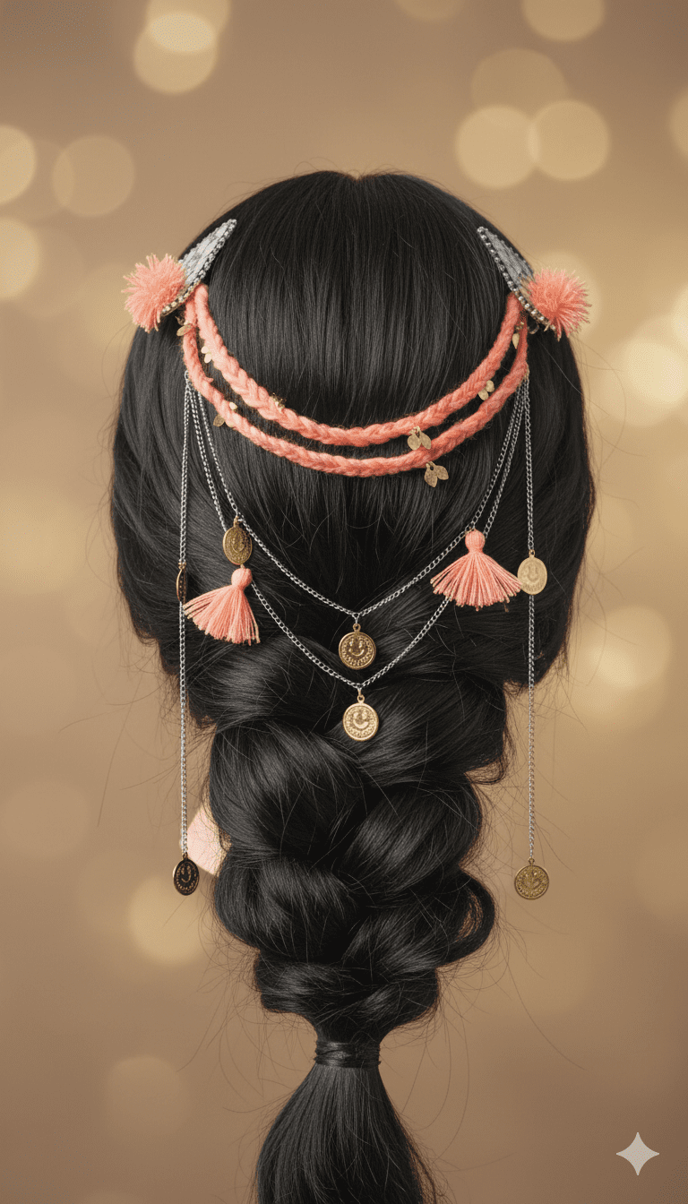 Golden Peach Dream Braided Hair Chain with Gold Coins & Pom-Poms πβ¨ - Image 4