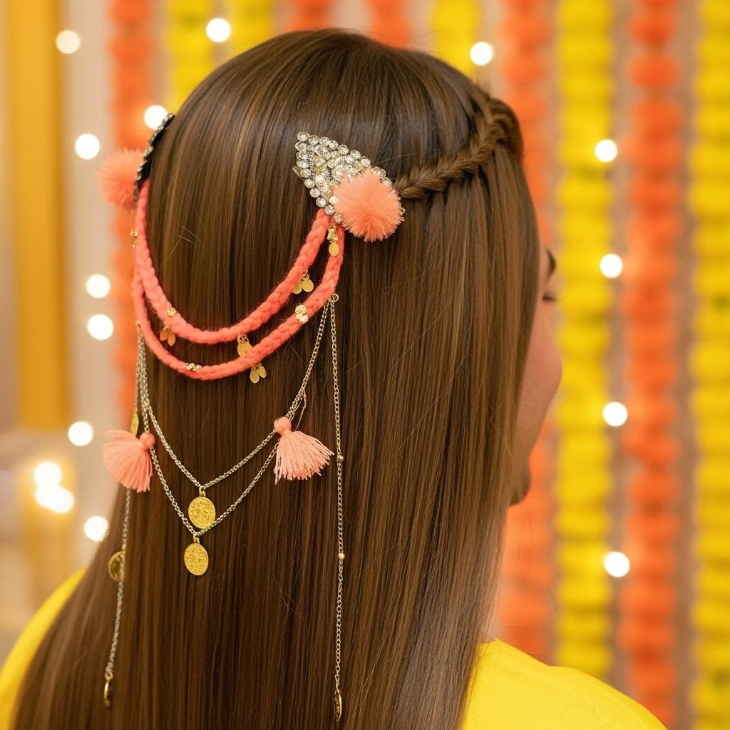 Golden Peach Dream Braided Hair Chain with Gold Coins & Pom-Poms πβ¨ - Image 3
