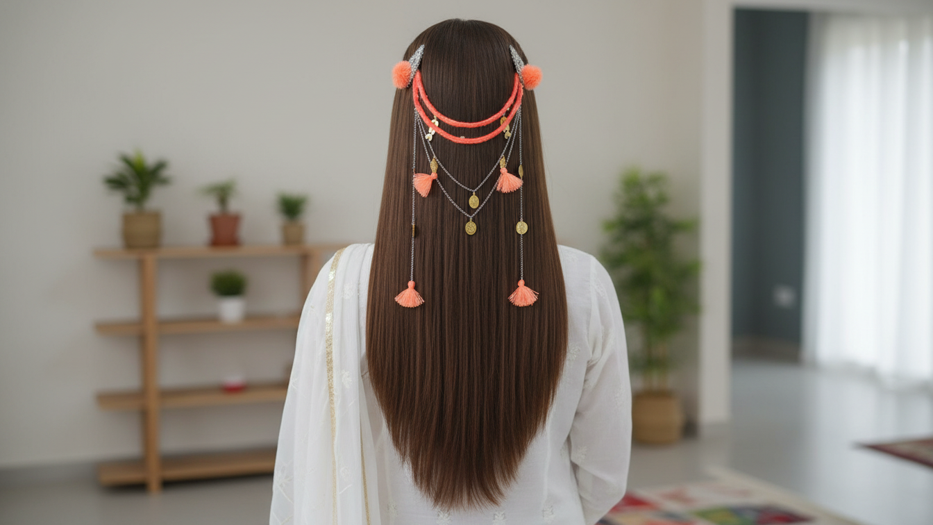 Golden Peach Dream Braided Hair Chain with Gold Coins & Pom-Poms πβ¨ - Image 8