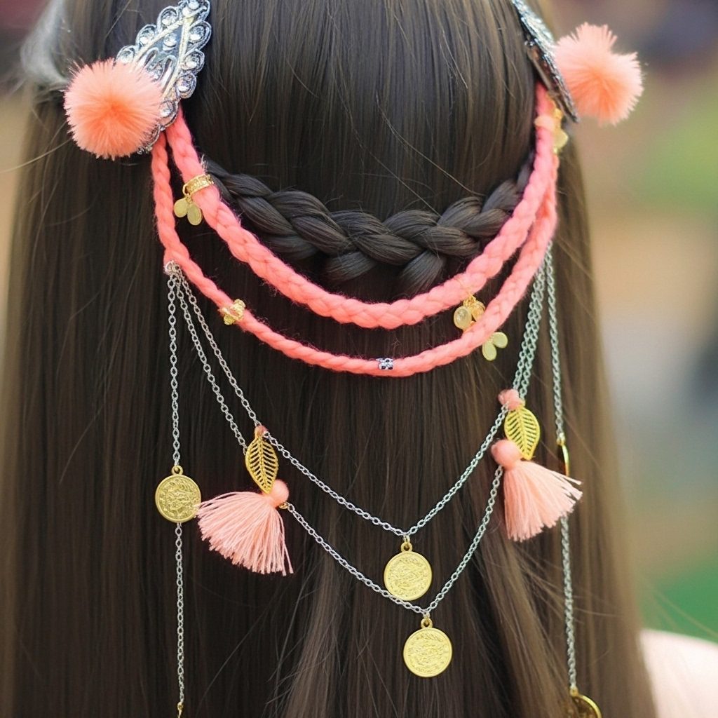 Golden Peach Dream Braided Hair Chain with Gold Coins & Pom-Poms πβ¨ - Image 2