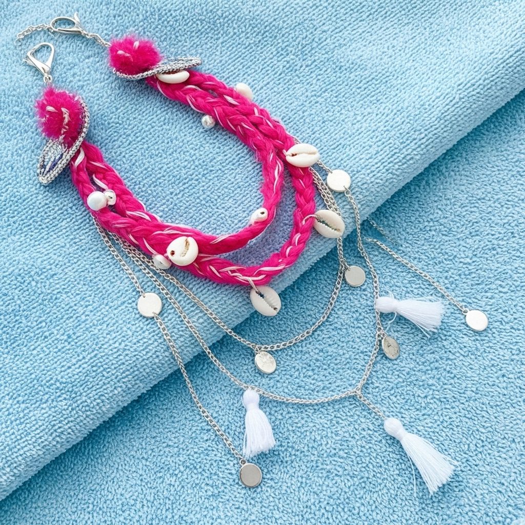 Seashell Diva Hot Pink Braided Hair Chain with Cowrie Shells & Silver ππ - Image 4