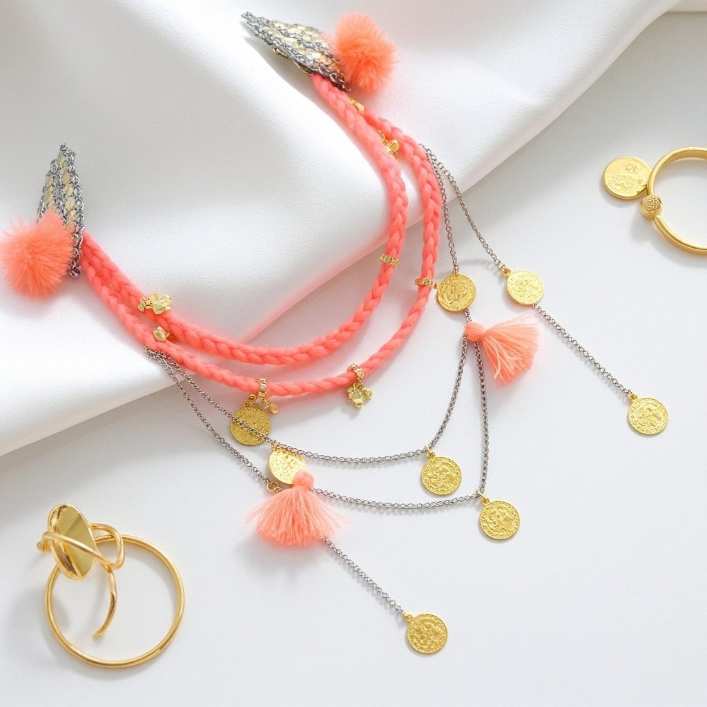 Golden Peach Dream Braided Hair Chain with Gold Coins & Pom-Poms πβ¨ - Image 5