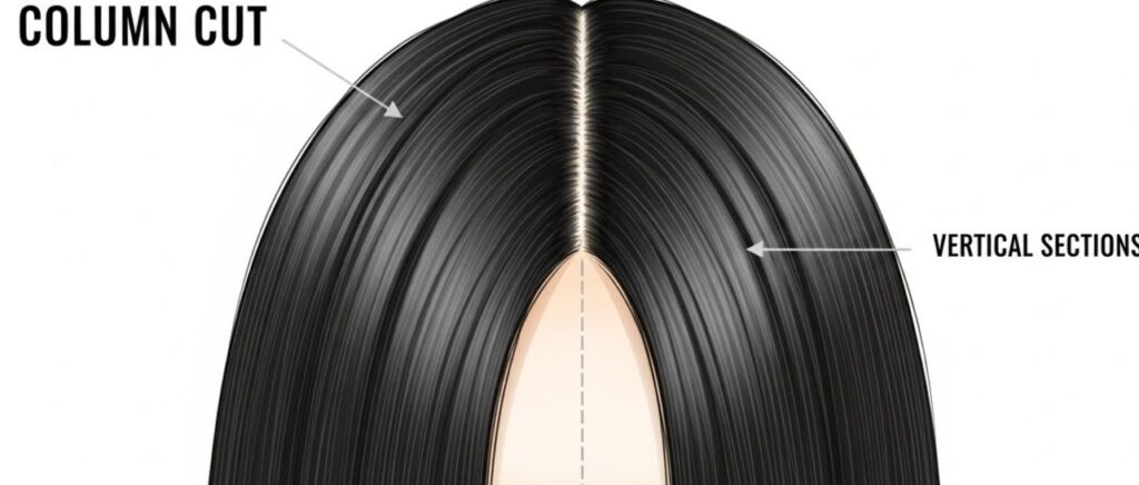 Illustration showing the structured vertical shape of a Column Cut haircut