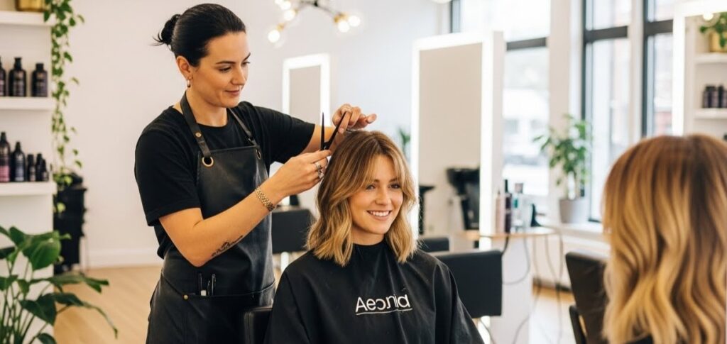 Hair stylist creating a trendy 2026 haircut in a modern salon.