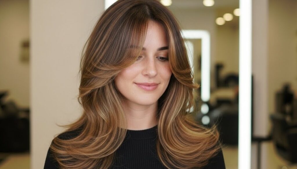 Long layered haircut with face-framing pieces and soft movement.