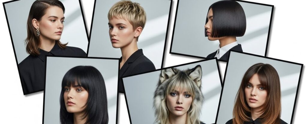 2026 haircut trends featuring modern mullet, textured pixie, blunt bob, and layered hairstyles.”