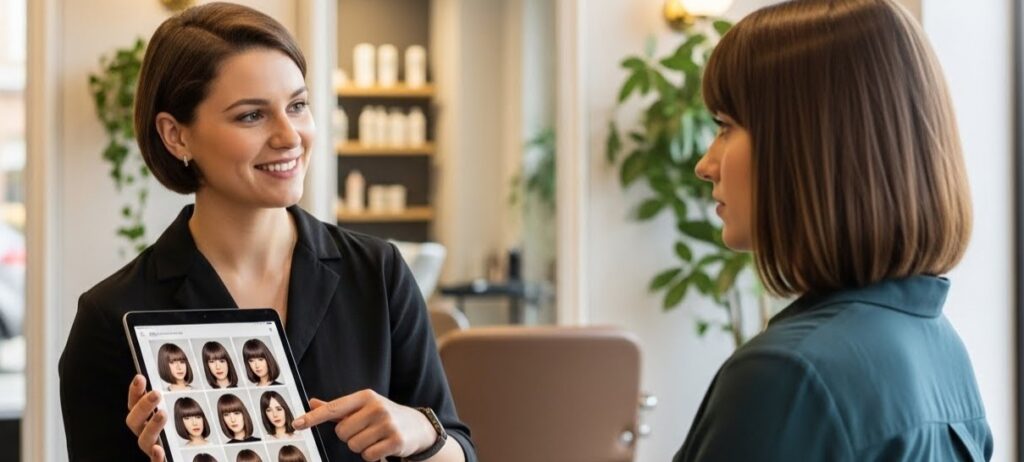 Hairstylist consulting a client about the best Column Cut hairstyle