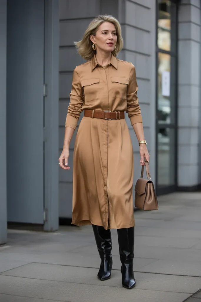 Belted Shirtdress with Knee-High Boots