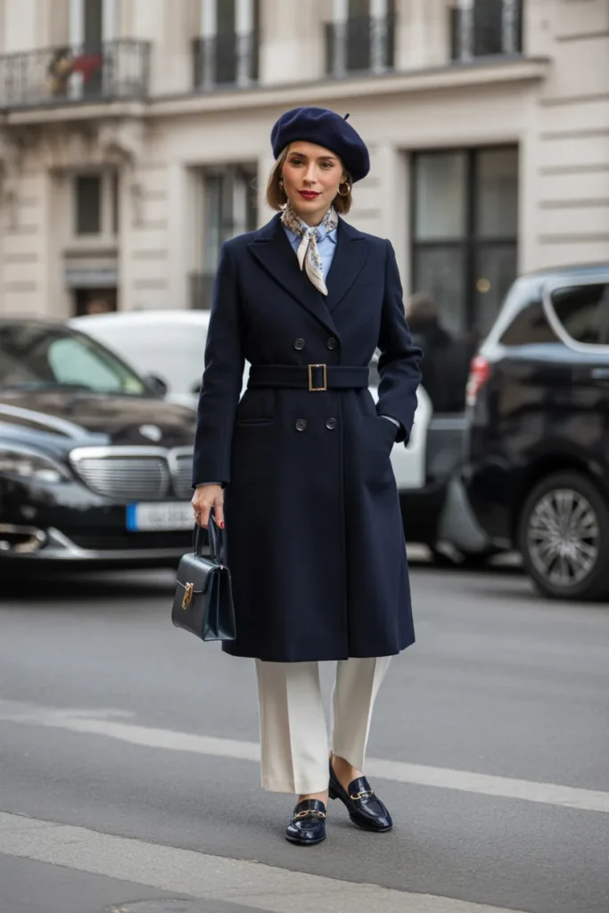 Belted Wool Coat Accessorized with Classic Beret