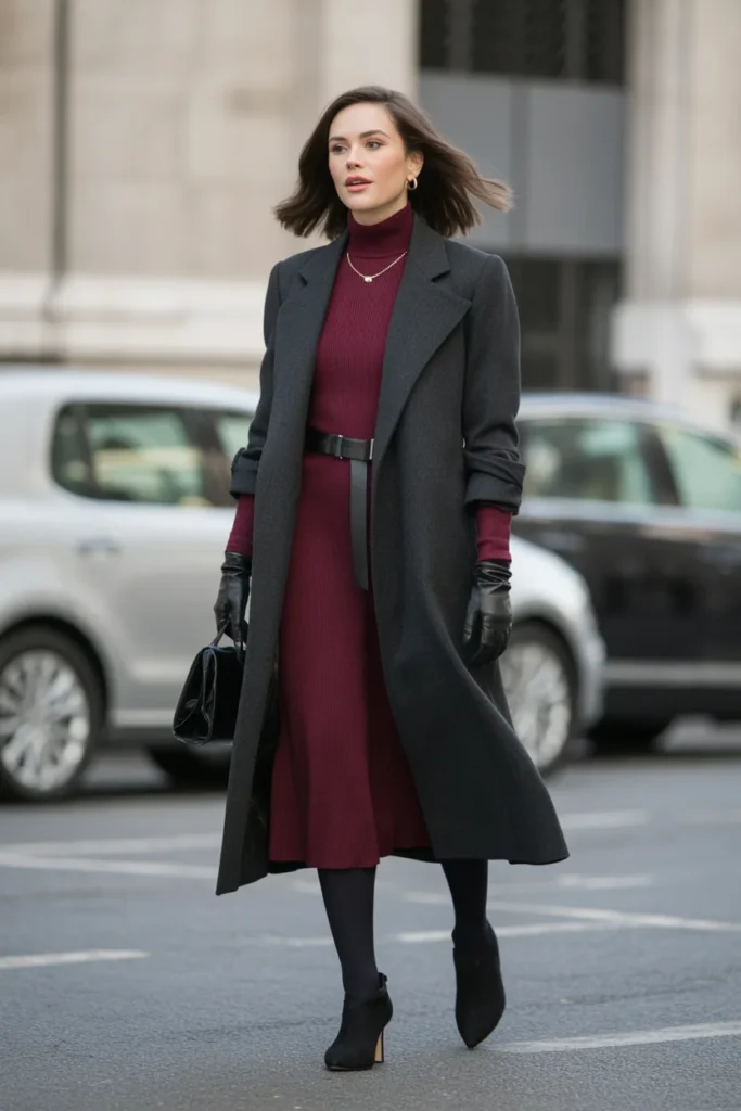 Belted Wool Coat with Midi Dress