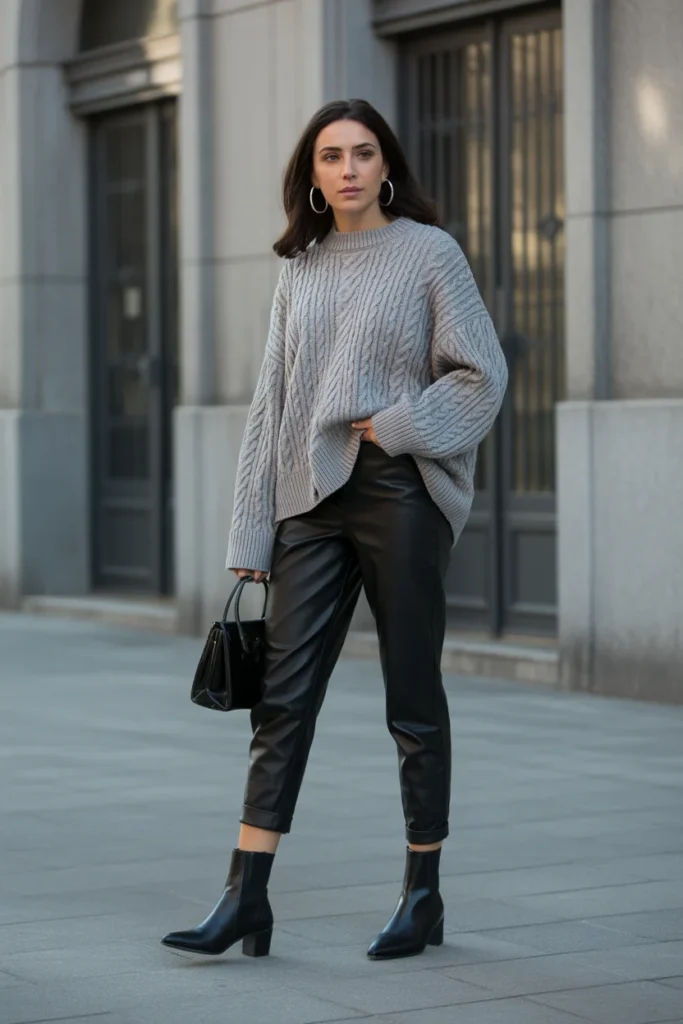 Black Leather Pants with Cozy Sweater
