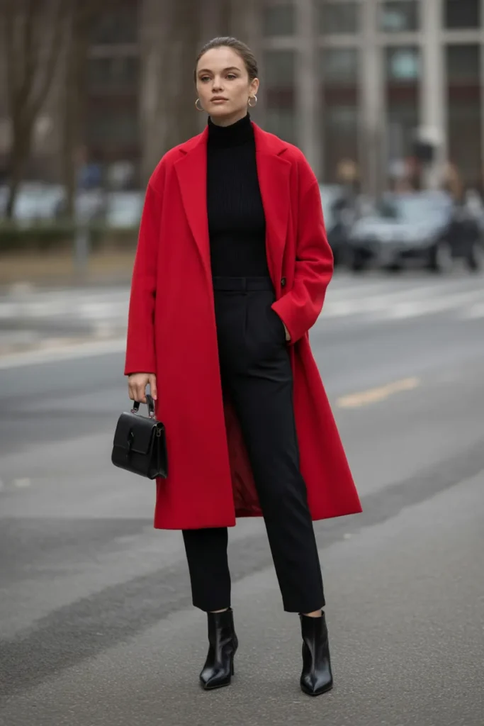 Black Turtleneck with Bold Statement Coat