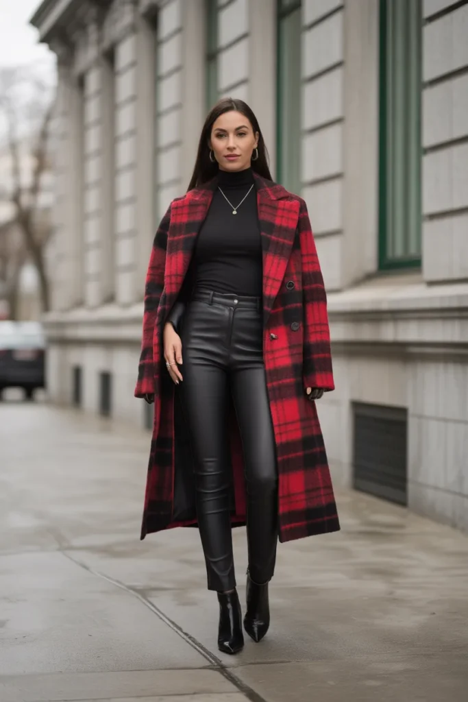 Bold Plaid Coat Paired with Leather Pants