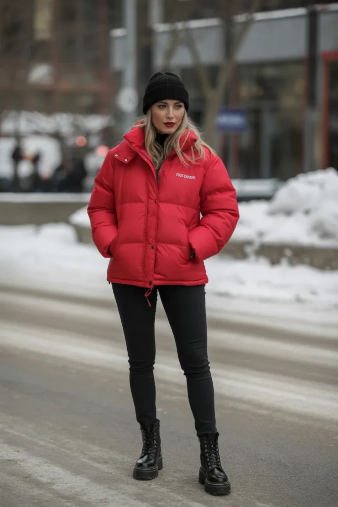 Bold Red Puffer Jacket Statement Look