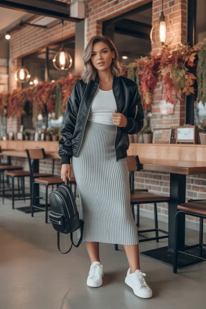 Bomber Jacket with Knit Midi Skirt