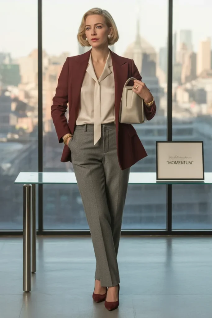 Burgundy Blazer with Cream Silk Blouse