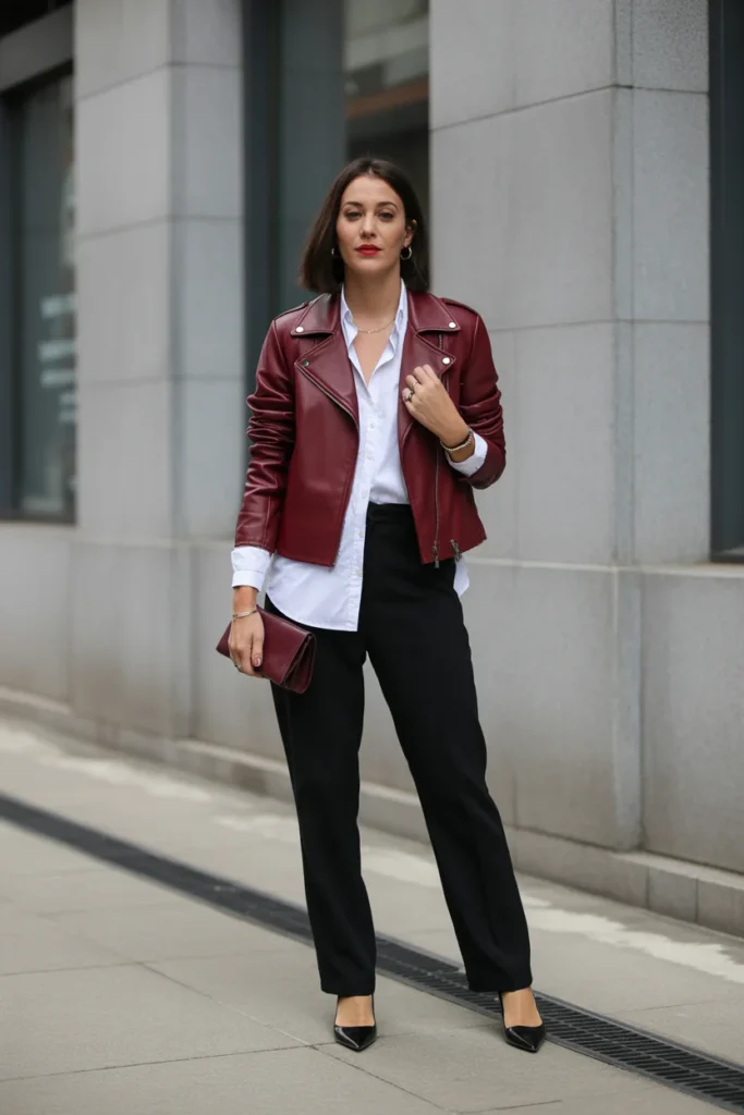 Burgundy Leather Jacket with White Button-Down
