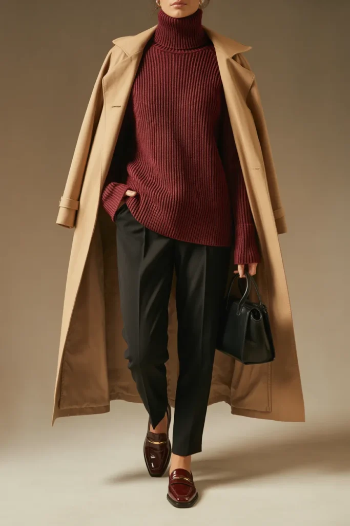 Burgundy Turtleneck with Beige Trench