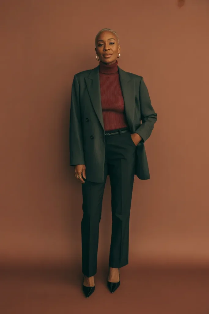 Burgundy Turtleneck with Tailored Blazer