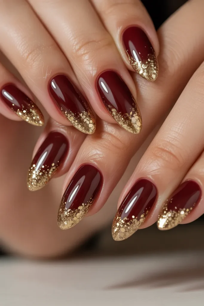 Burgundy with Gold Glitter Tips