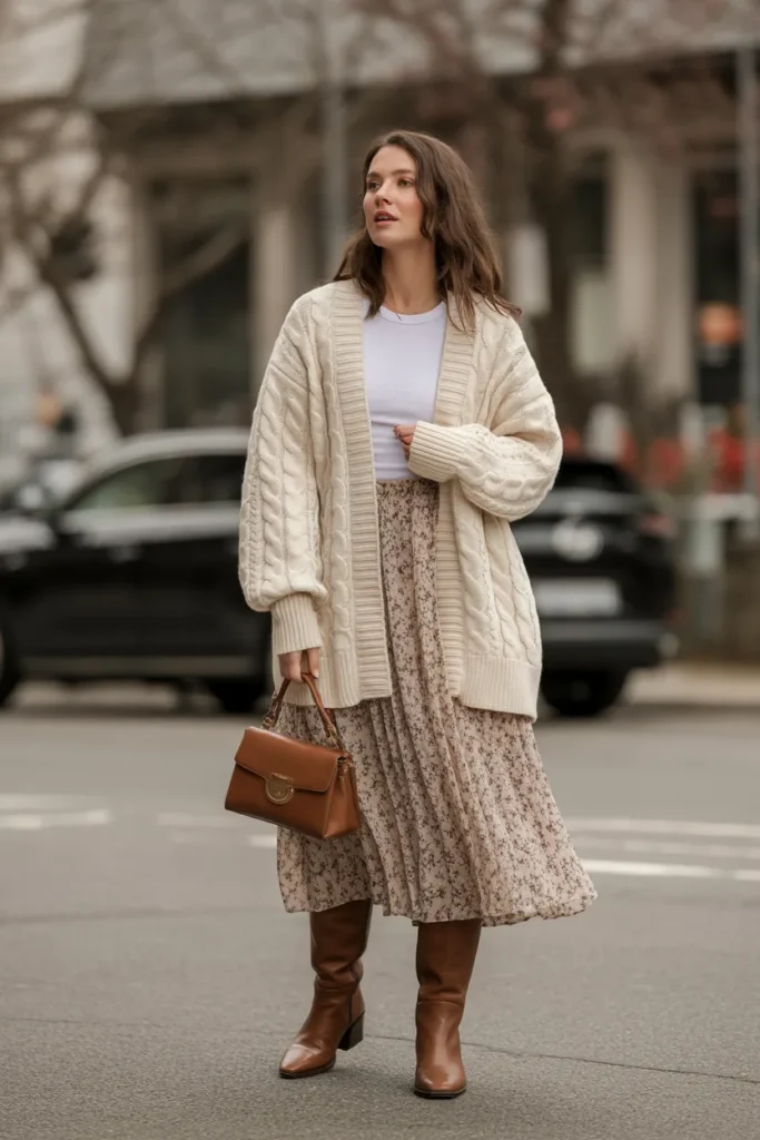 Cable Knit Cardigan with Flowing Midi Skirt
