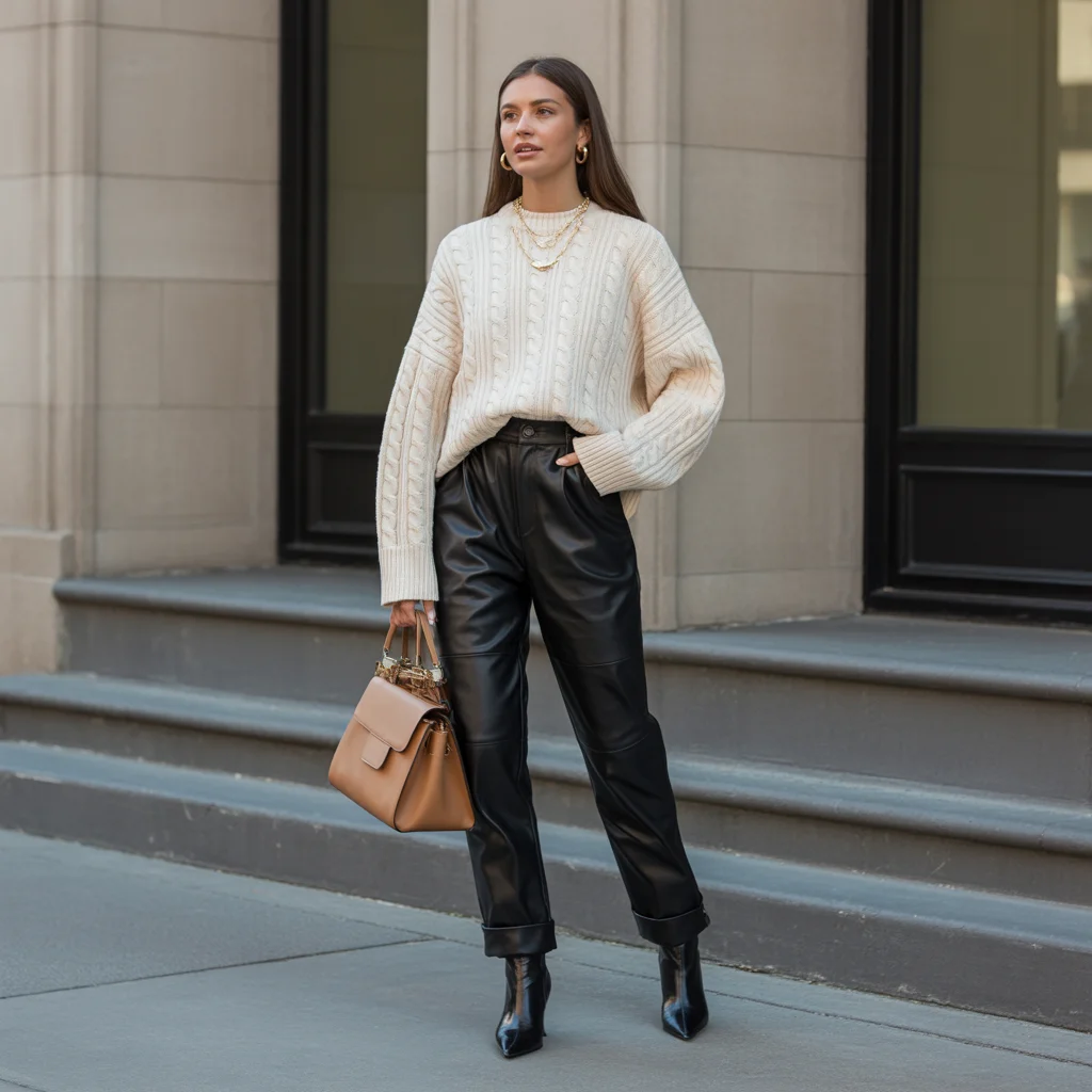 Cable Knit Sweater with Leather Pants