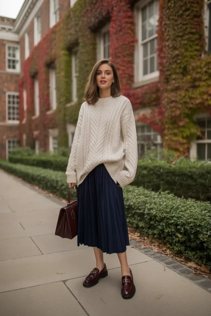 Cable Knit Sweater with Pleated Skirt