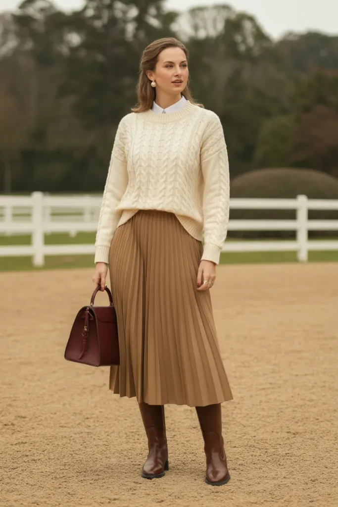 Cable Knit Sweater with Pleated Skirt