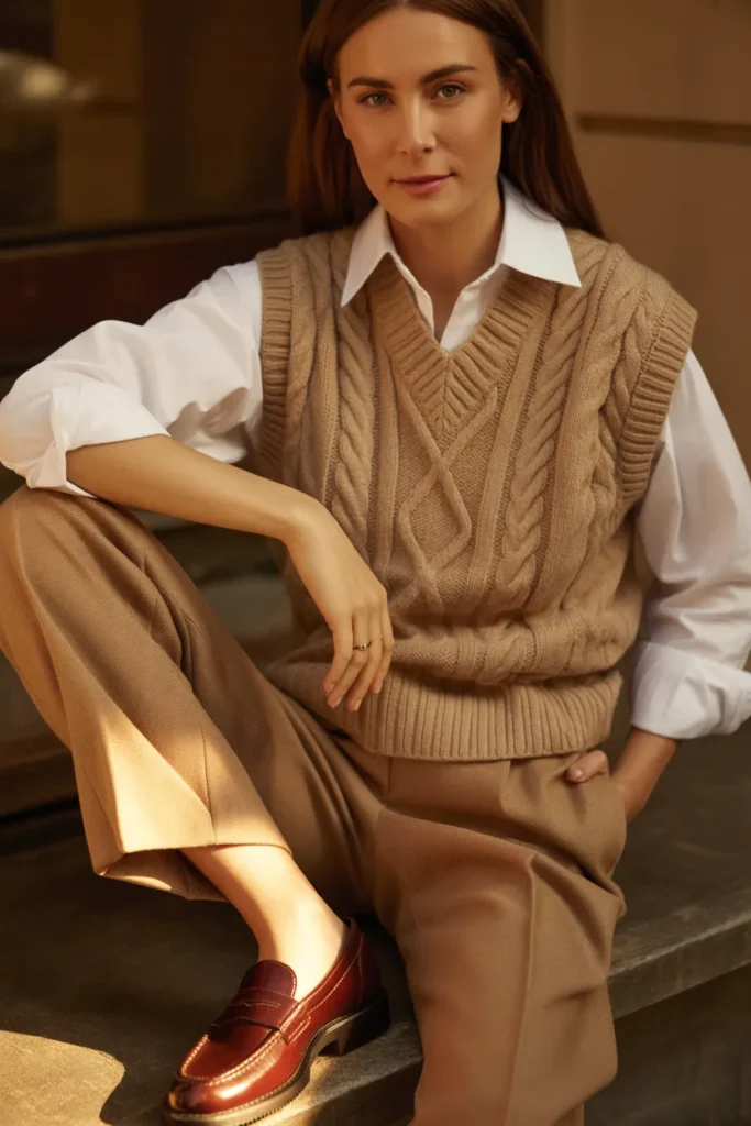  Cable Knit Vest Over Crisp White Shirt