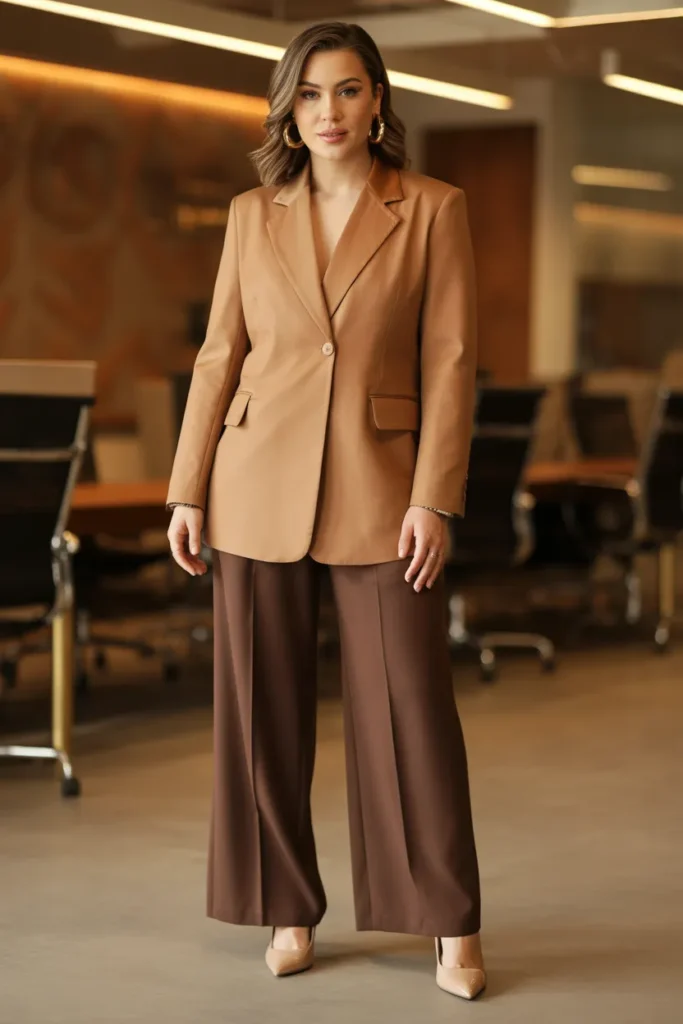 Camel Blazer with Wide Leg Trousers