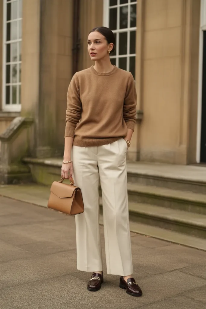Camel Cashmere Sweater with Tailored Trousers