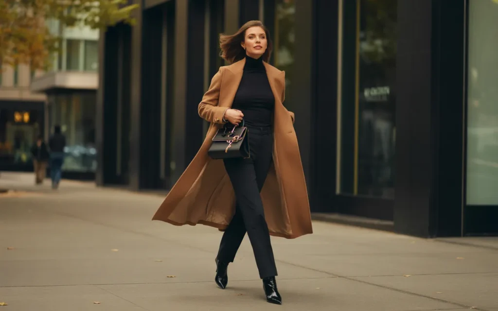 Camel Coat Over All-Black Ensemble