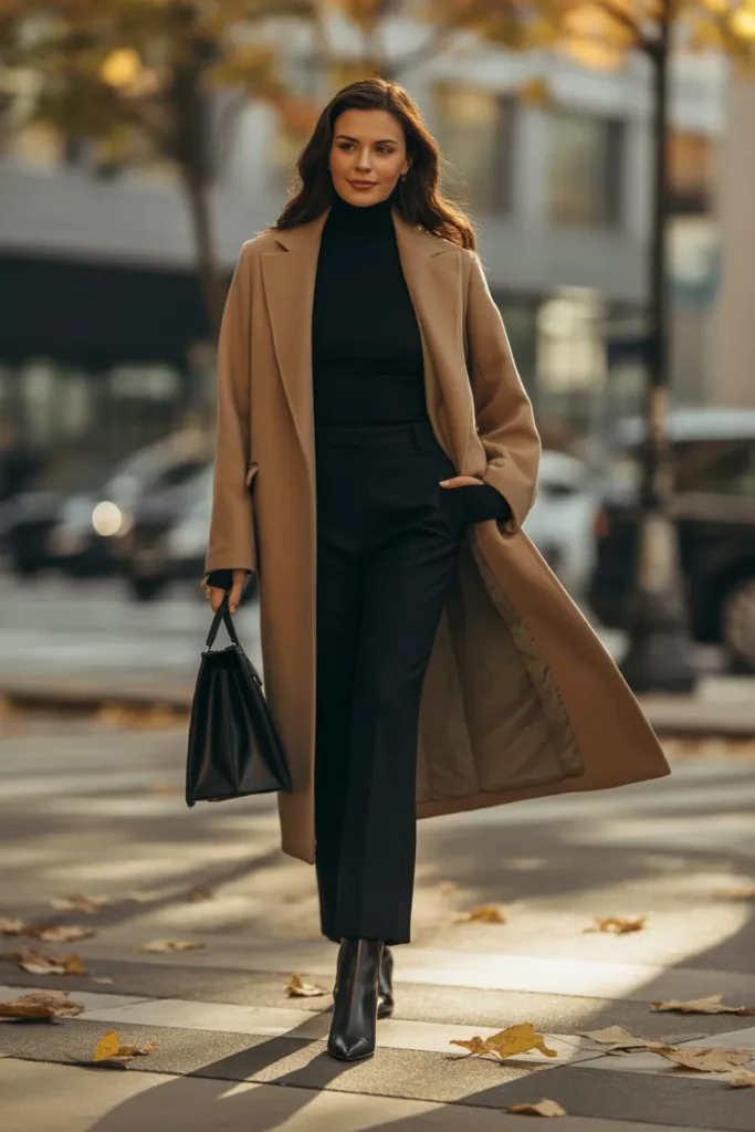  Camel Coat Over All-Black Ensemble