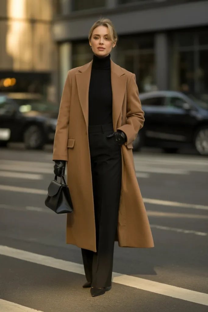 Camel Coat with Monochrome Outfit
