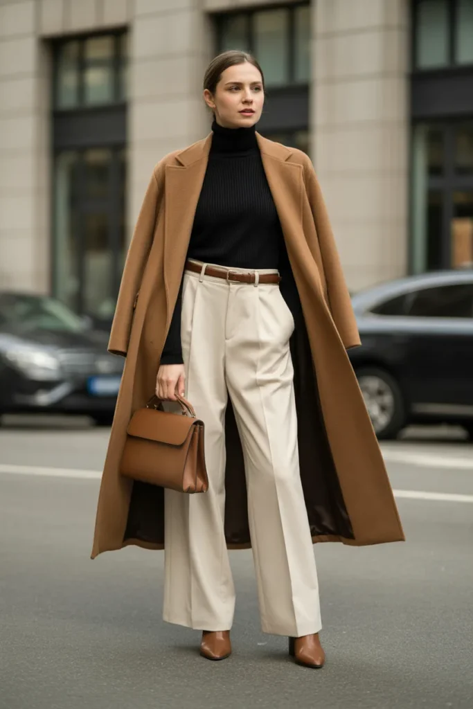 Camel Coat with Wide-Leg Trousers