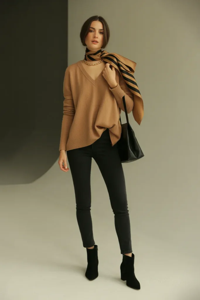 Camel Sweater and Black Jeans