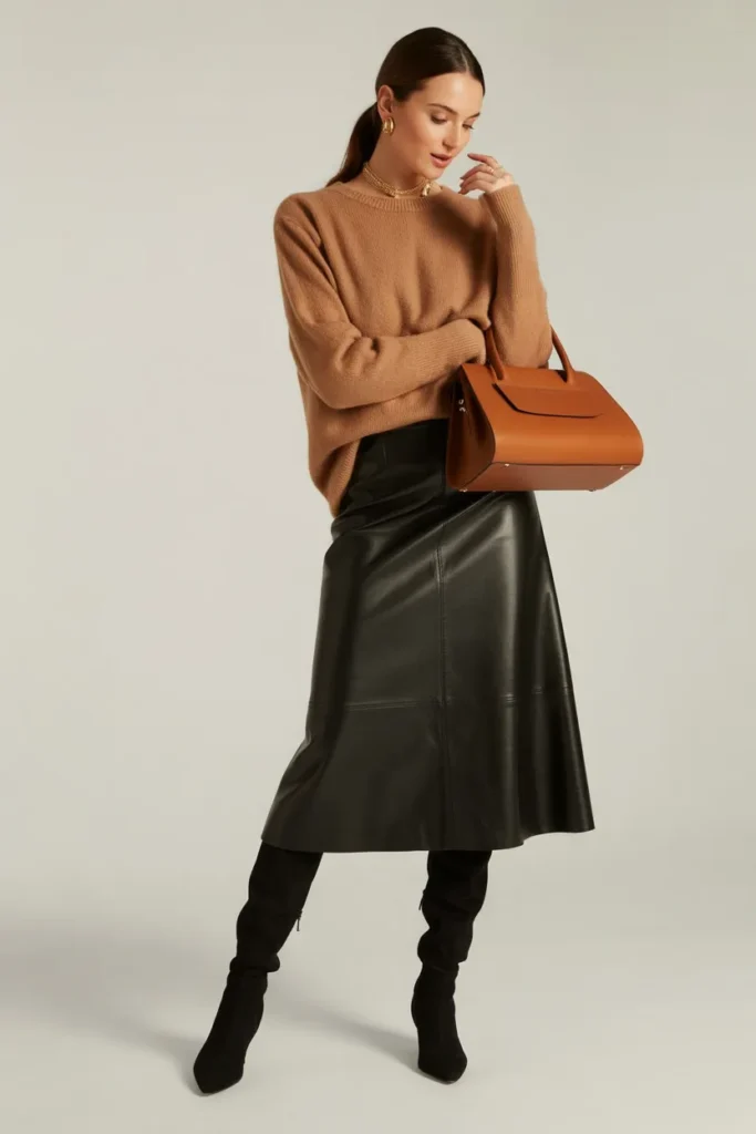 Camel Sweater with Leather Skirt
