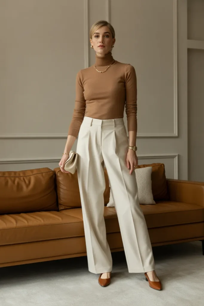 Camel Turtleneck with White Trousers