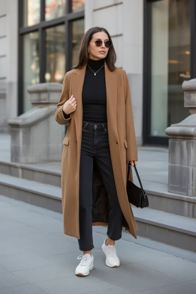 Camel Wool Coat Over All-Black Ensemble