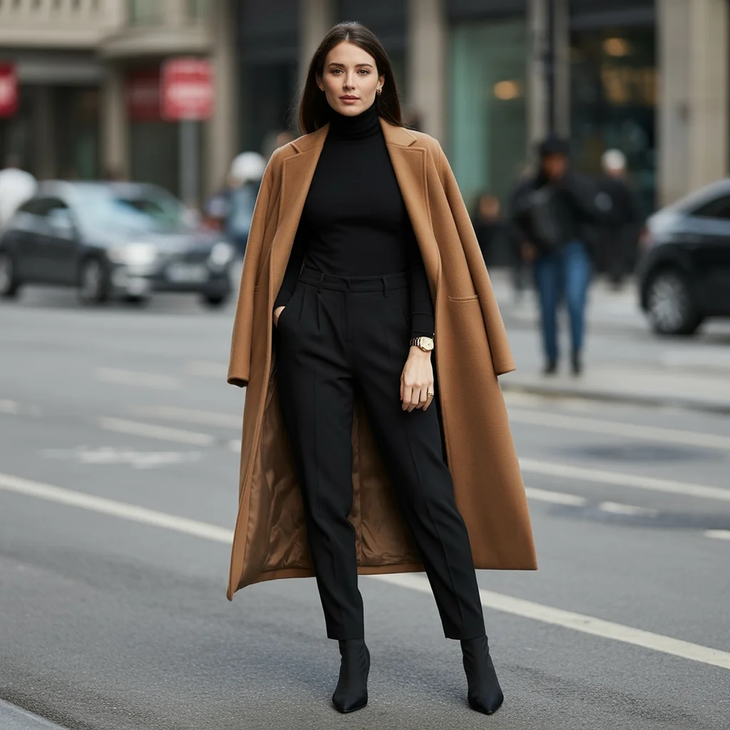 Camel Wool Coat Over All-Black Ensemble