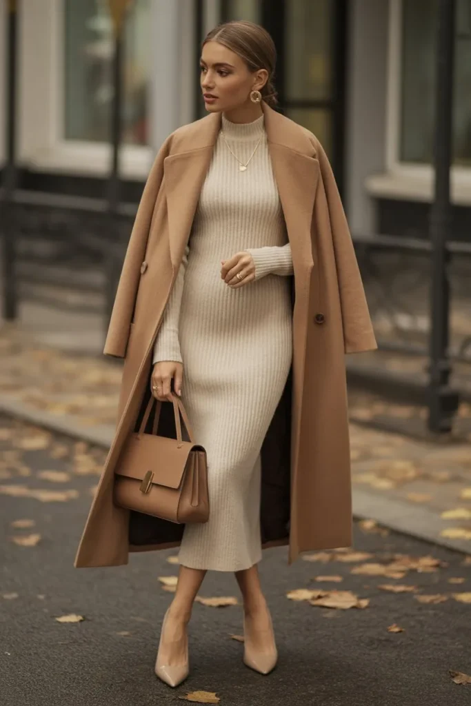 Camel Wrap Coat with Cream Knit Dress