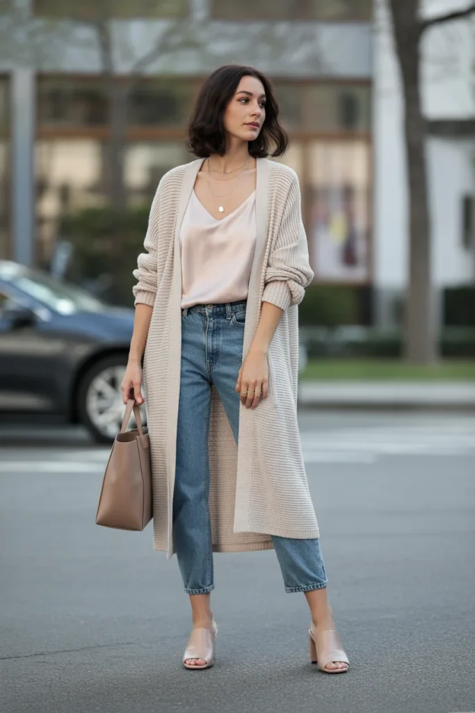 Cardigan with Camisole and Jeans