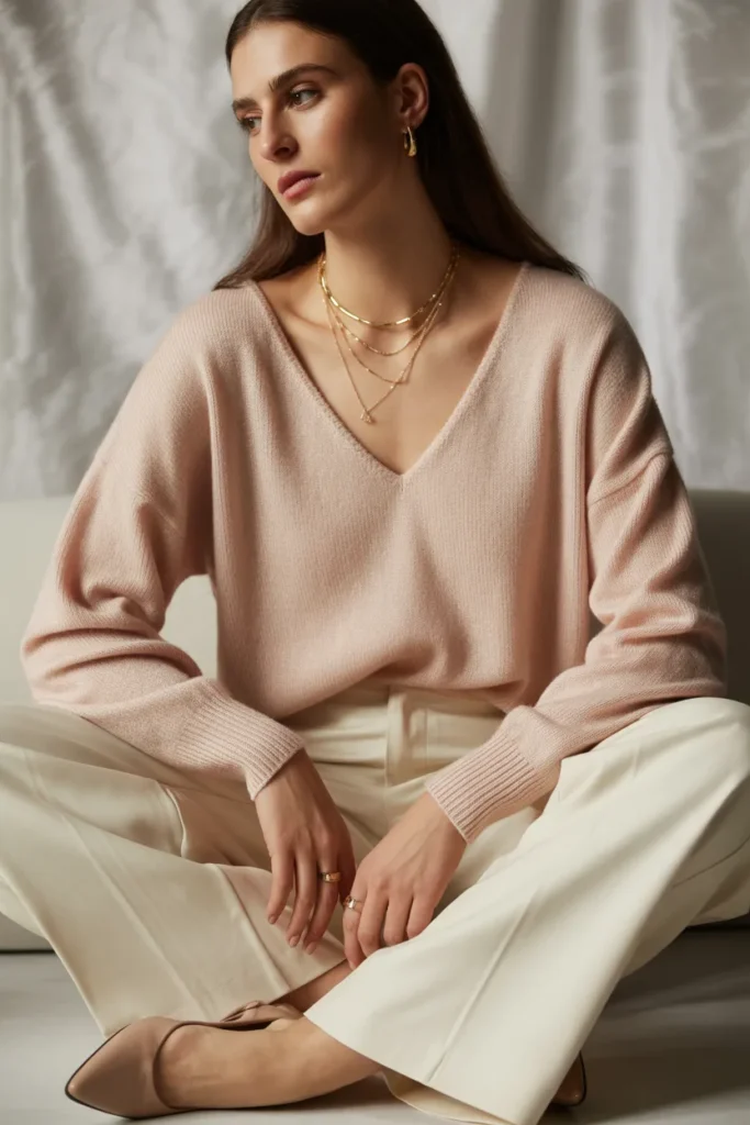 Cashmere V-Neck Sweater With Tailored Trousers