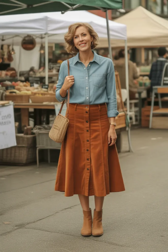 Chambray Shirt with Corduroy Skirt