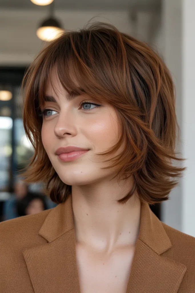 Chestnut Brown Shag with Curtain Bangs