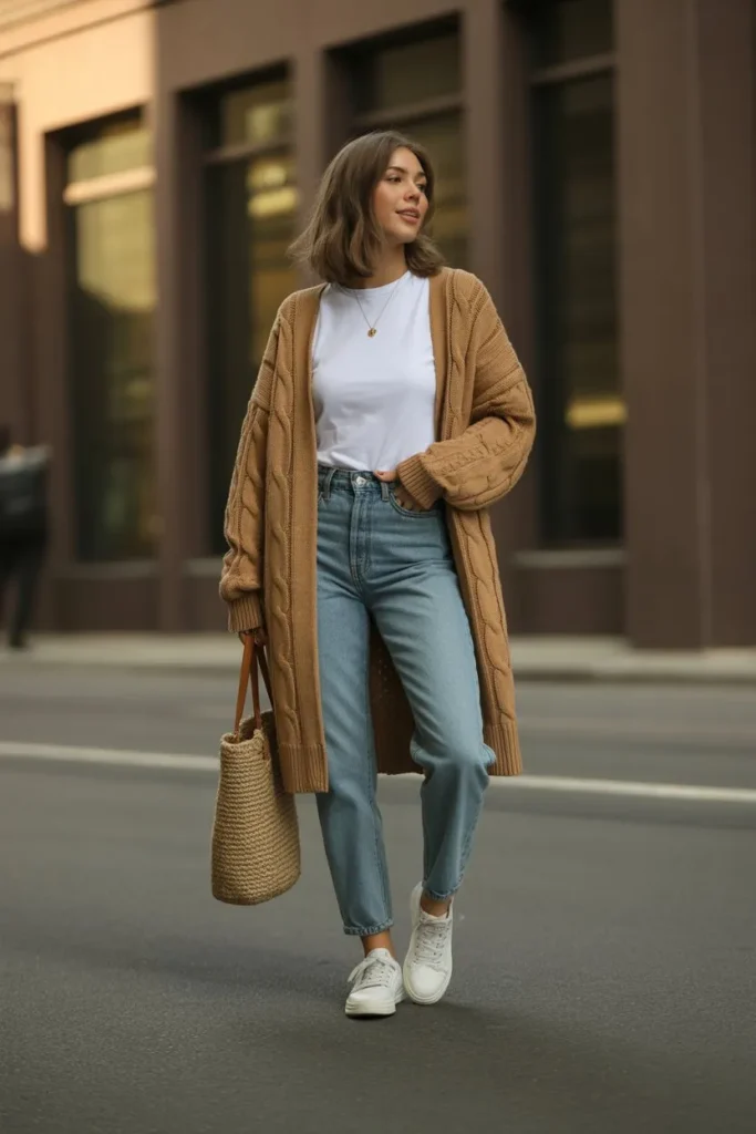 Chunky Cable Knit Cardigan with High-Waisted Jeans