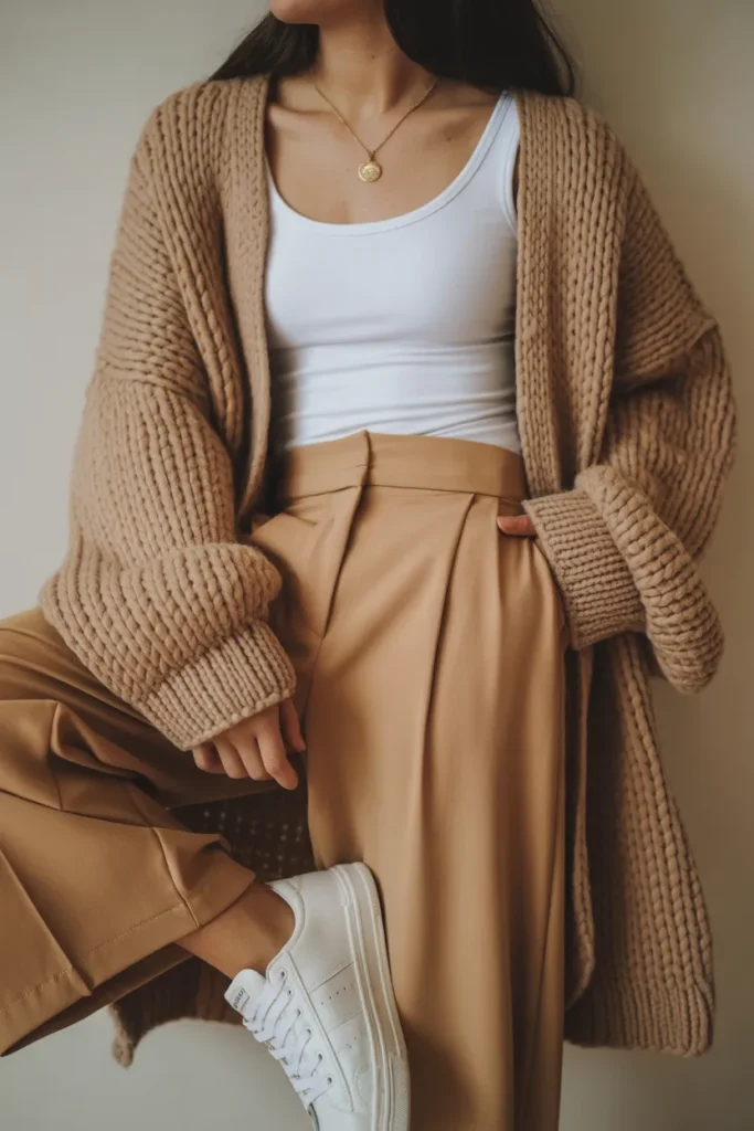 Chunky Cardigan and Wide-Leg Pants