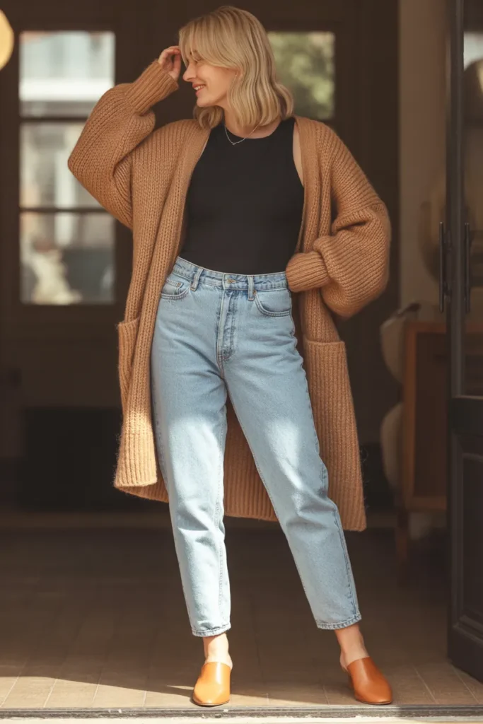 Chunky Cardigan with High-Waisted Mom Jeans