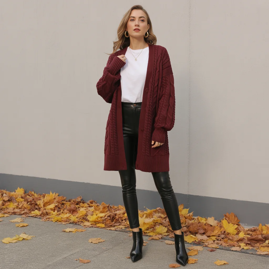 Chunky Cardigan with Leather Leggings and Ankle Boots