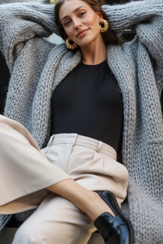 Chunky Knit Cardigan With Wide Leg Pants